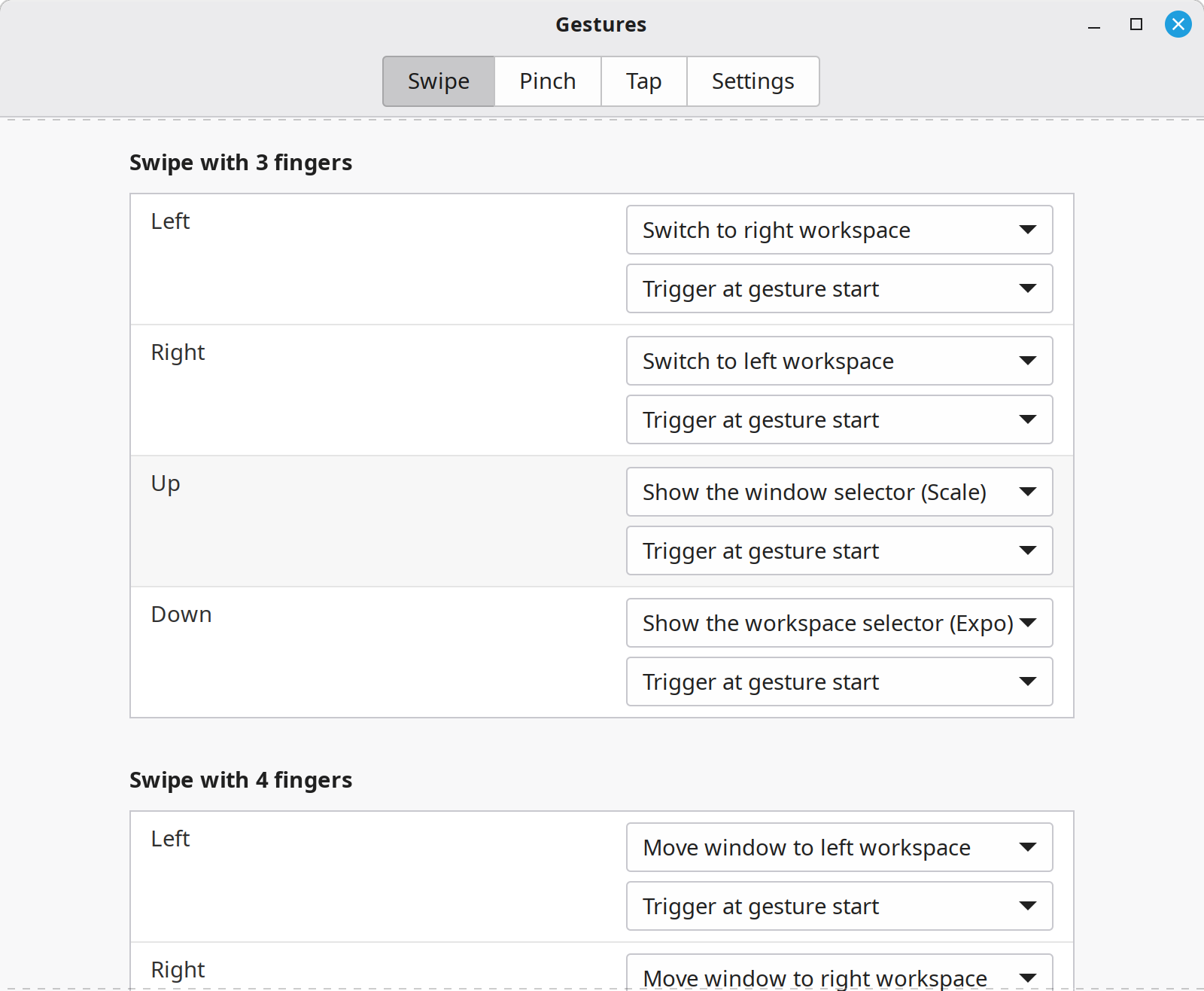 Gestures Settings in Linux Mint